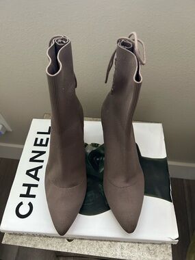 Zara Taupe Knit Pointed-Toe Sock Boots